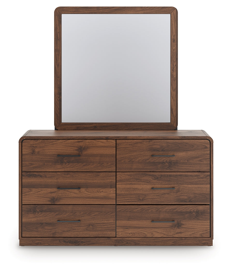Fortlorn Walnut Brown Queen Panel Bed, Dresser, Mirror and Nightstand by Ashley at Eve Furniture