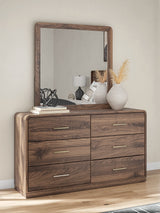 Fortlorn Walnut Brown Queen Panel Bed, Dresser, Mirror and Nightstand by Ashley at Eve Furniture