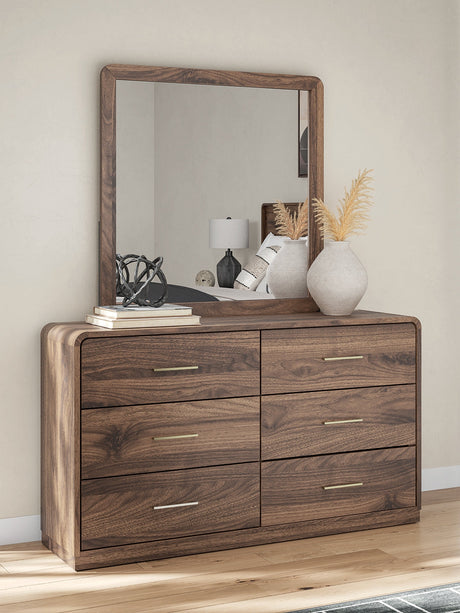 Fortlorn Walnut Brown Queen Panel Bed, Dresser, Mirror and Nightstand by Ashley at Eve Furniture