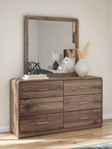 Fortlorn Walnut Brown Queen Panel Bed, Dresser, Mirror and Nightstand by Ashley at Eve Furniture