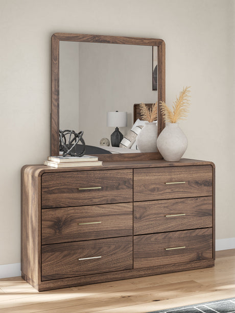 Fortlorn Walnut Brown Queen Panel Bed, Dresser, Mirror and Nightstand by Ashley at Eve Furniture
