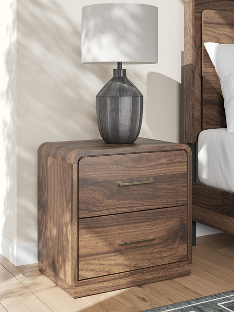 Fortlorn Walnut Brown Queen Panel Bed, Dresser, Mirror and Nightstand by Ashley at Eve Furniture