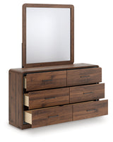 Fortlorn Walnut Brown Queen Panel Bed, Dresser, Mirror and Nightstand by Ashley at Eve Furniture