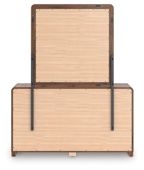 Fortlorn Walnut Brown Queen Panel Bed, Dresser, Mirror and Nightstand by Ashley at Eve Furniture