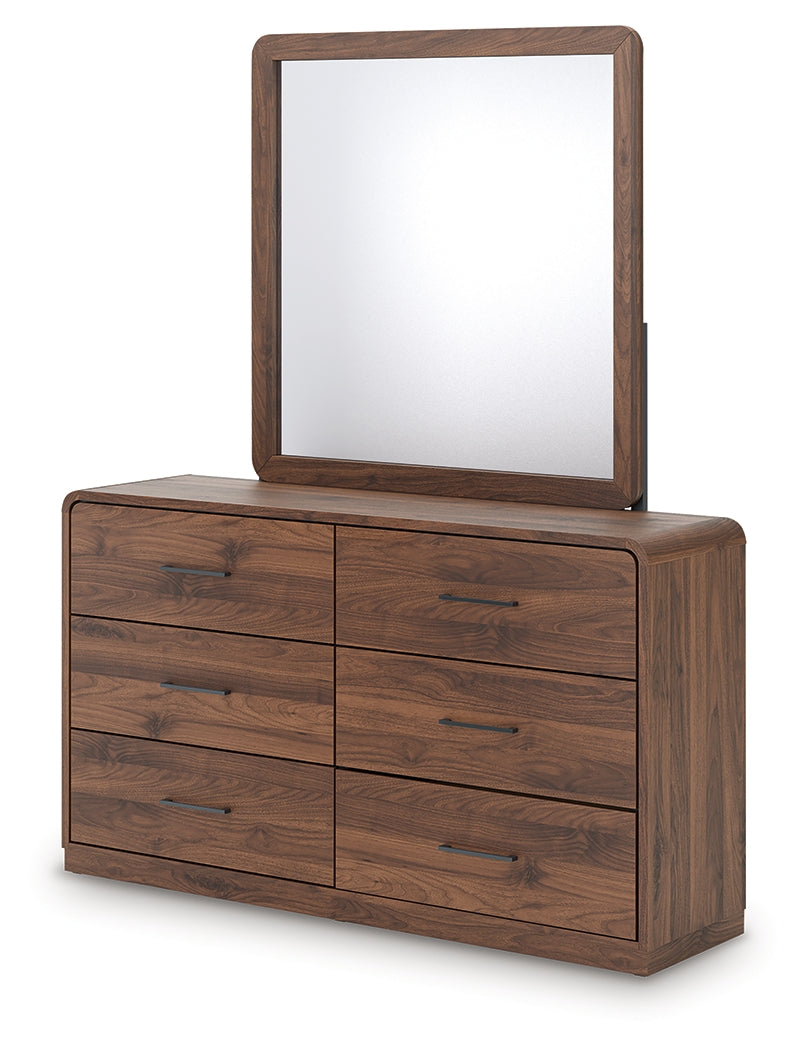 Fortlorn Walnut Brown Queen Panel Bed, Dresser, Mirror and Nightstand by Ashley at Eve Furniture