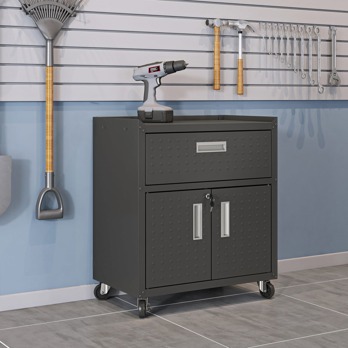 Fortress 31.5" Mobile Garage Cabinet with Drawer and Shelves in Charcoal Grey by Manhattan Comfort at Eve Furniture