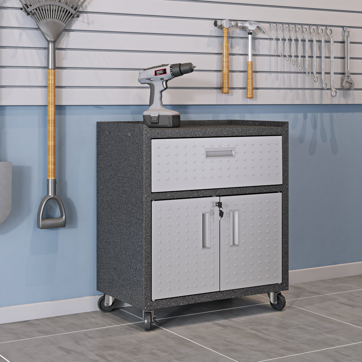 Fortress 31.5" Mobile Garage Cabinet with Drawer and Shelves in Grey by Manhattan Comfort at Eve Furniture
