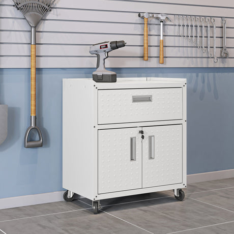 Fortress 31.5" Mobile Garage Cabinet with Drawer and Shelves in White by Manhattan Comfort at Eve Furniture