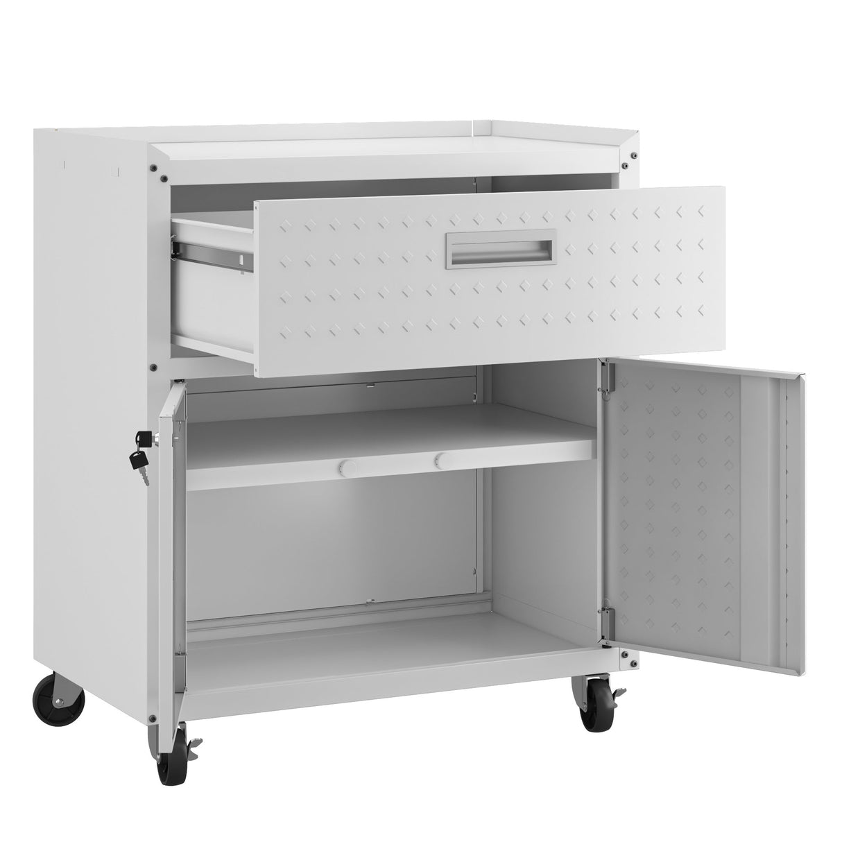 Fortress 31.5" Mobile Garage Cabinet with Drawer and Shelves in White by Manhattan Comfort at Eve Furniture
