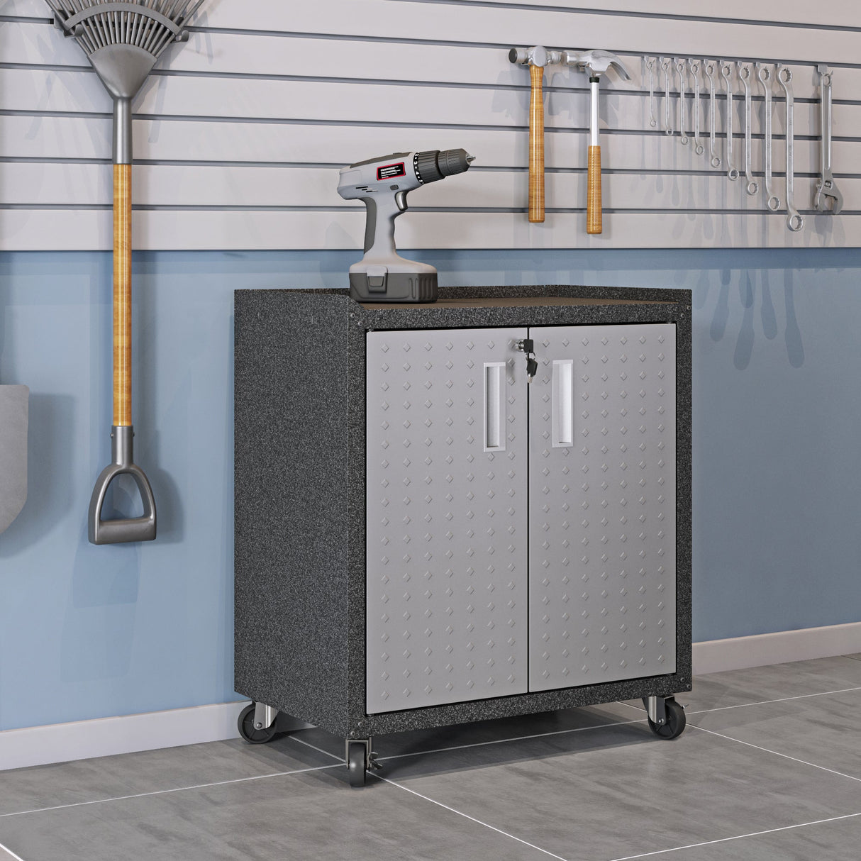 Fortress 31.5" Mobile Garage Cabinet with Shelves in Grey by Manhattan Comfort at Eve Furniture