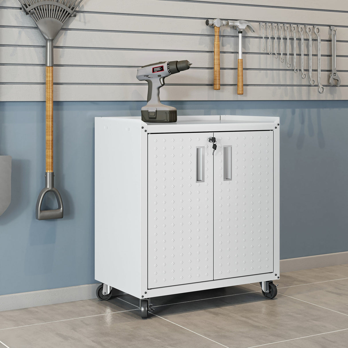 Fortress 31.5" Mobile Garage Cabinet with Shelves in White by Manhattan Comfort at Eve Furniture