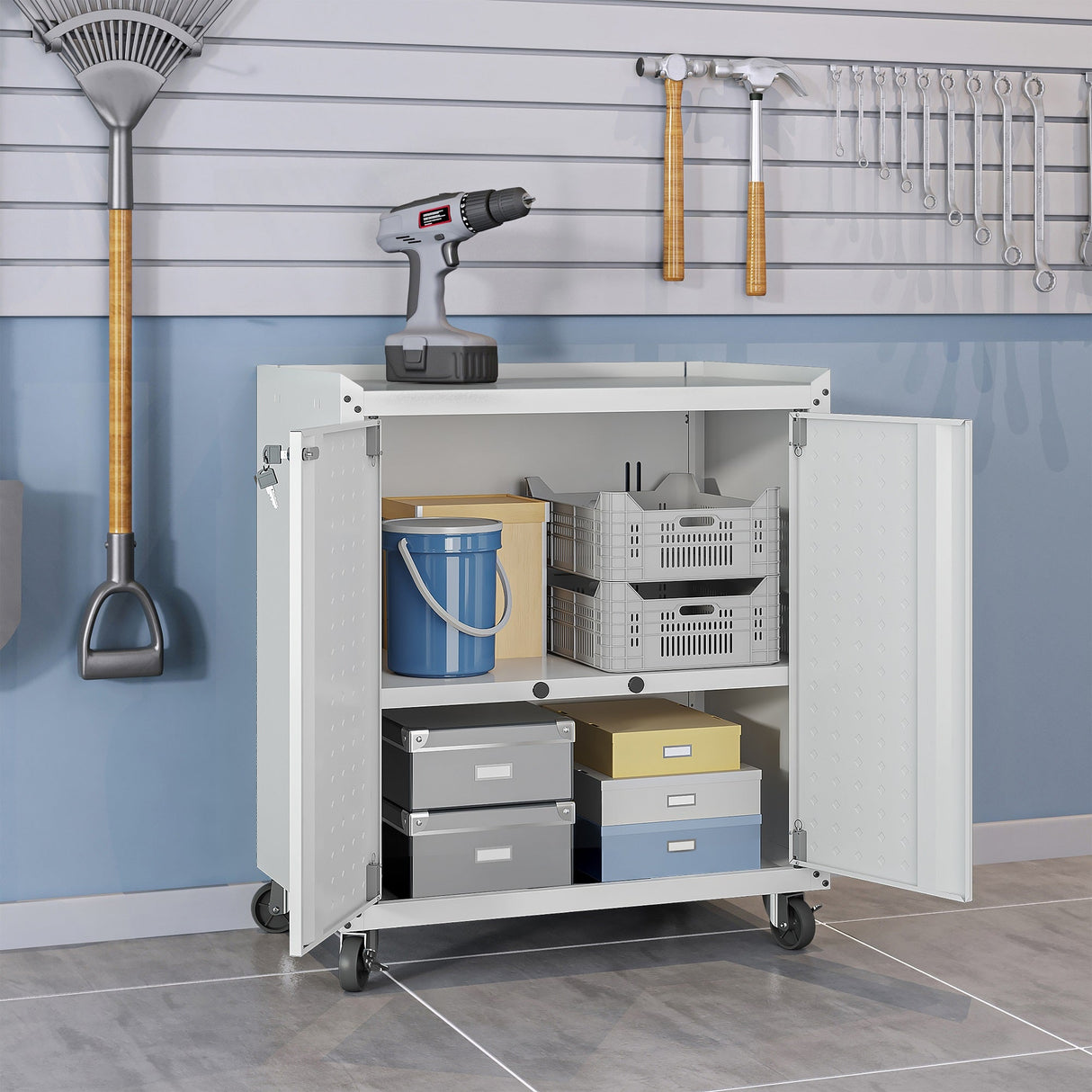 Fortress 31.5" Mobile Garage Cabinet with Shelves in White by Manhattan Comfort at Eve Furniture