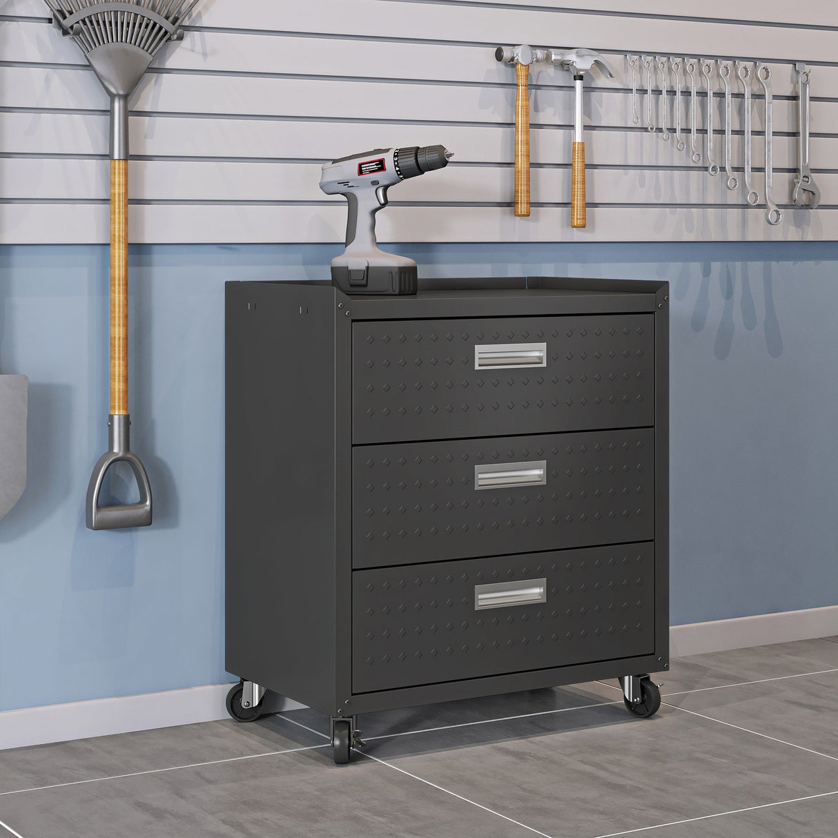 Fortress 31.5" Mobile Garage Chest with Drawers in Charcoal Grey by Manhattan Comfort at Eve Furniture