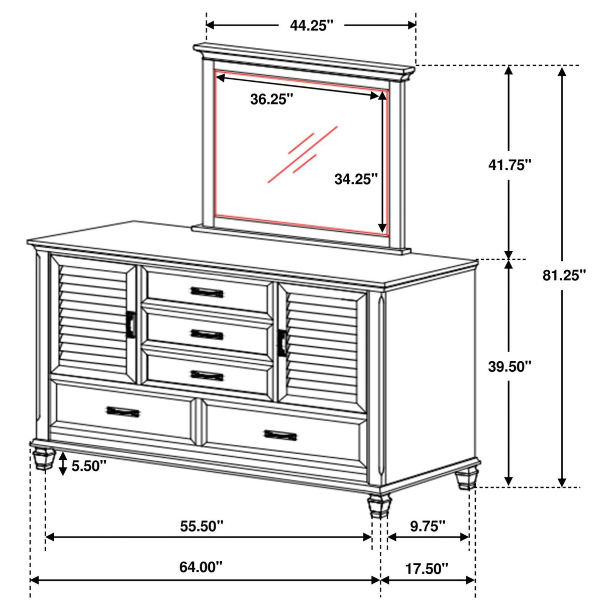 Franco 5-drawer Dresser with Mirror Antique White