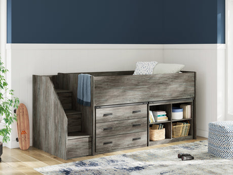 Frandern Gray Twin Loft Bed with Bookcase and Drawer Storage by Ashley at Eve Furniture
