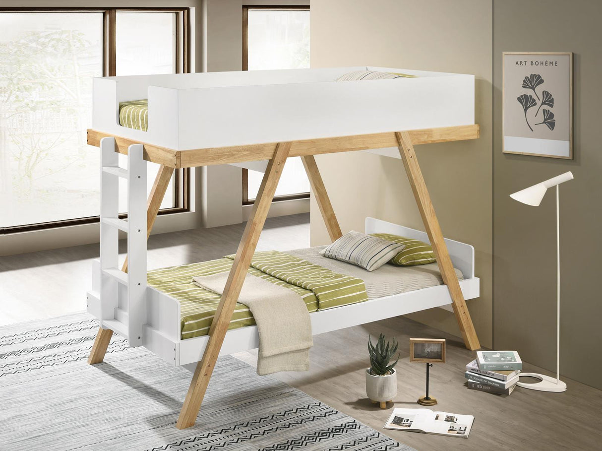 Frankie White and Natural Wood Twin Over Twin Bunk Bed by Coaster at Eve Furniture