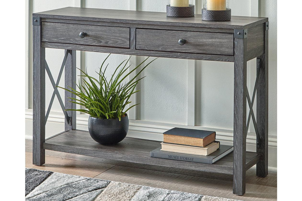 Freedan Grayish Brown Lift-top Coffee Table, 2 End Tables and Console by Ashley at Eve Furniture