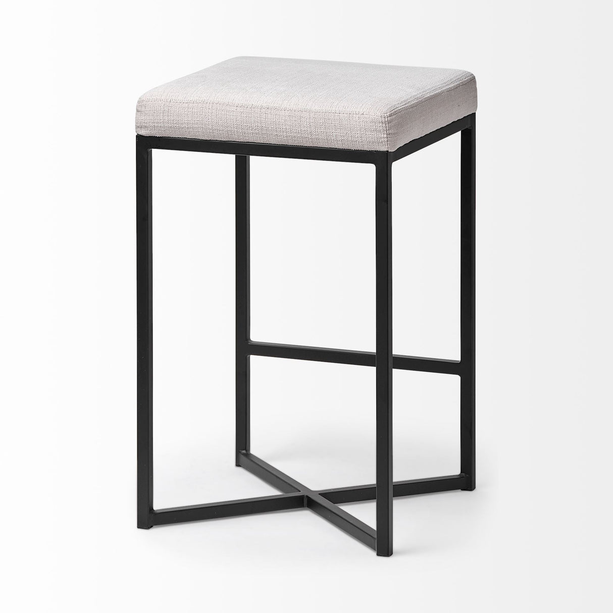 Frodo 26.4H Seat Height White Fabric Seat Black Metal Base Stool by Mercana at Eve Furniture