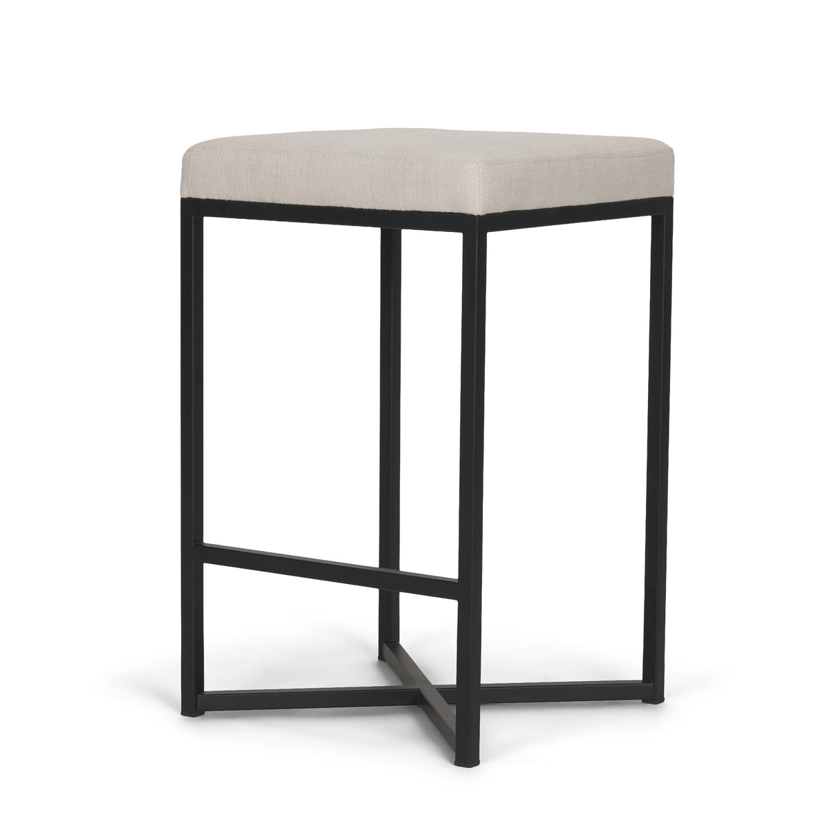 Frodo 26.5H Seat Height White Fabric Seat Black Metal Base Stool by Mercana at Eve Furniture