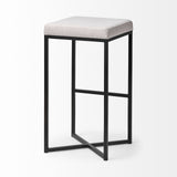 Frodo 29.75H Seat Height White Fabric Seat Black Metal Base Stool by Mercana at Eve Furniture