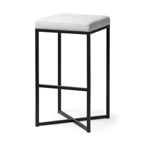 Frodo 29.75H Seat Height White Fabric Seat Black Metal Base Stool by Mercana at Eve Furniture