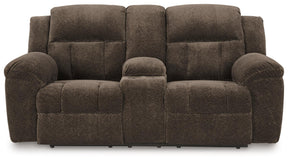 Frohn Chocolate Manual Reclining Loveseat with Console by Ashley at Eve Furniture