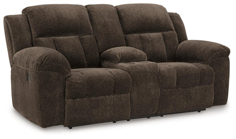 Frohn Chocolate Manual Reclining Loveseat with Console by Ashley at Eve Furniture