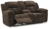 Frohn Chocolate Manual Reclining Loveseat with Console by Ashley at Eve Furniture