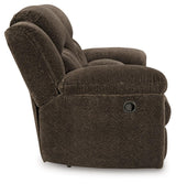 Frohn Chocolate Manual Reclining Loveseat with Console by Ashley at Eve Furniture