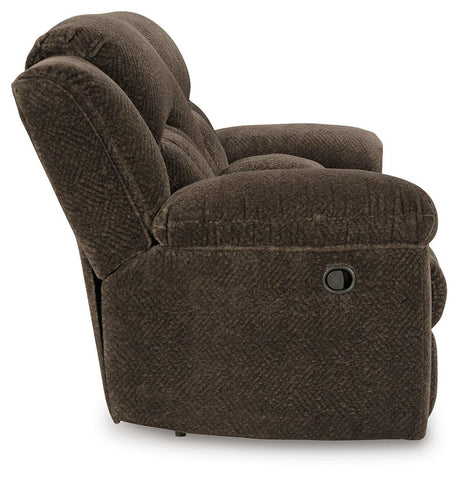 Frohn Chocolate Manual Reclining Loveseat with Console by Ashley at Eve Furniture