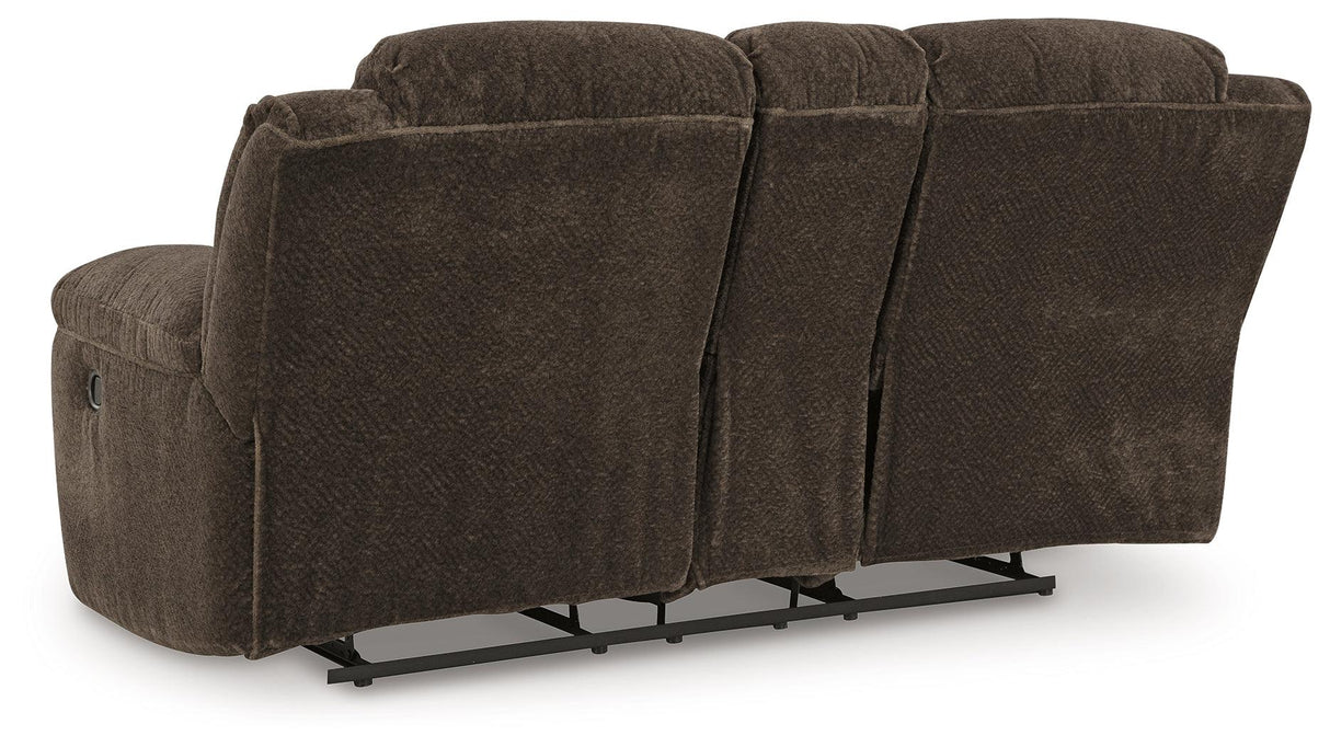 Frohn Chocolate Manual Reclining Loveseat with Console by Ashley at Eve Furniture