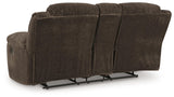 Frohn Chocolate Manual Reclining Loveseat with Console by Ashley at Eve Furniture