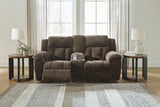 Frohn Chocolate Manual Reclining Loveseat with Console by Ashley at Eve Furniture
