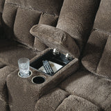 Frohn Chocolate Manual Reclining Loveseat with Console by Ashley at Eve Furniture
