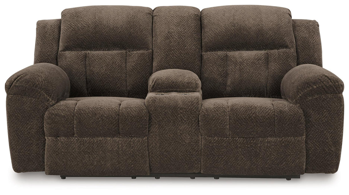 Frohn Chocolate Manual Reclining Loveseat with Console by Ashley at Eve Furniture