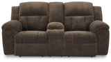 Frohn Chocolate Manual Reclining Loveseat with Console by Ashley at Eve Furniture