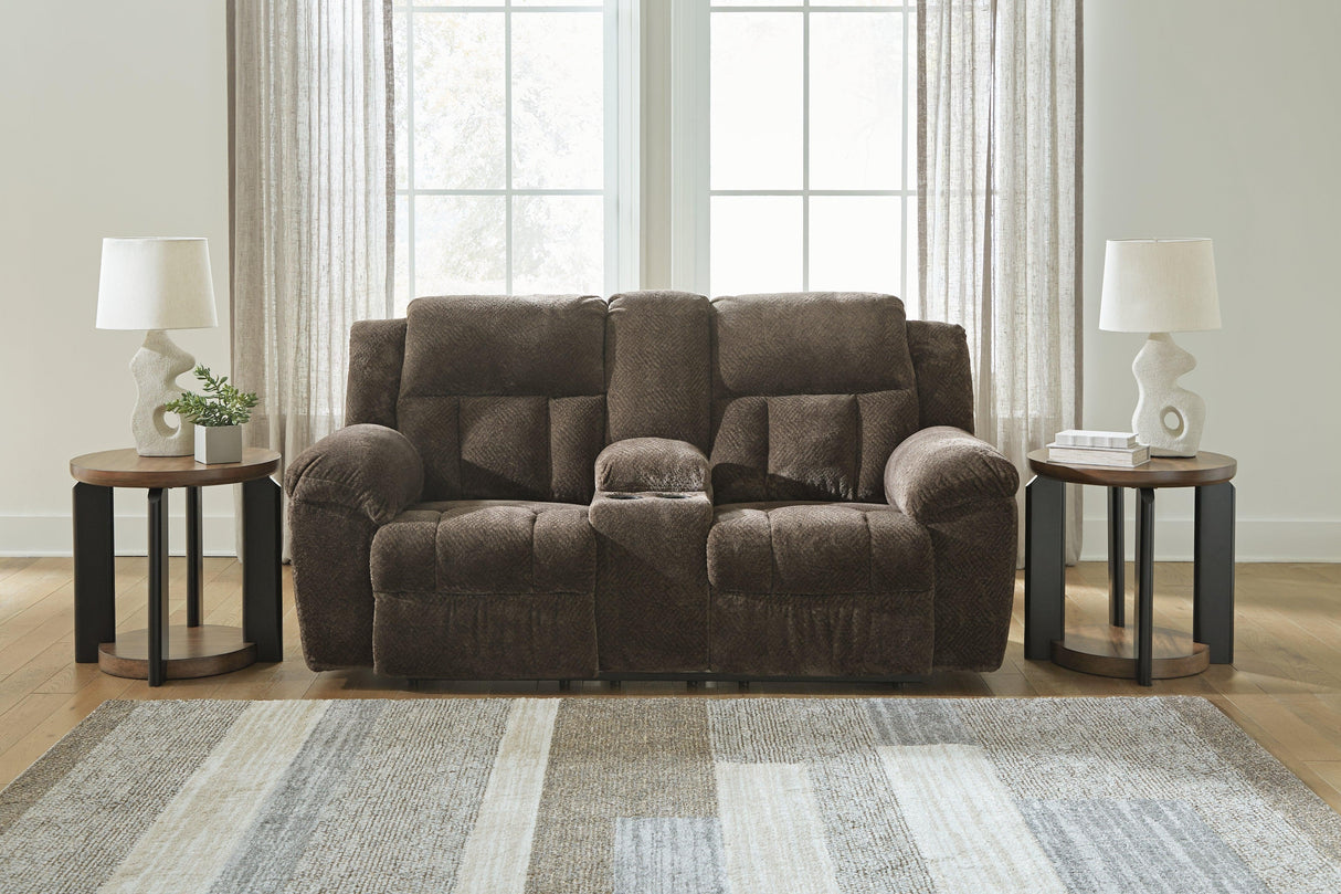 Frohn Chocolate Manual Reclining Loveseat with Console by Ashley at Eve Furniture