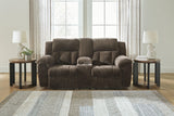 Frohn Chocolate Manual Reclining Loveseat with Console by Ashley at Eve Furniture