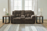 Frohn Chocolate Manual Reclining Loveseat with Console by Ashley at Eve Furniture