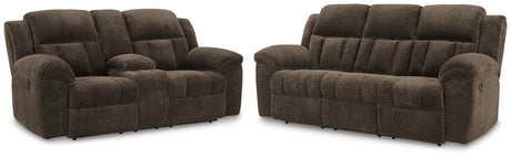 Frohn Chocolate Manual Reclining Sofa and Loveseat by Ashley at Eve Furniture