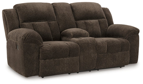 Frohn Chocolate Reclining Loveseat with Console