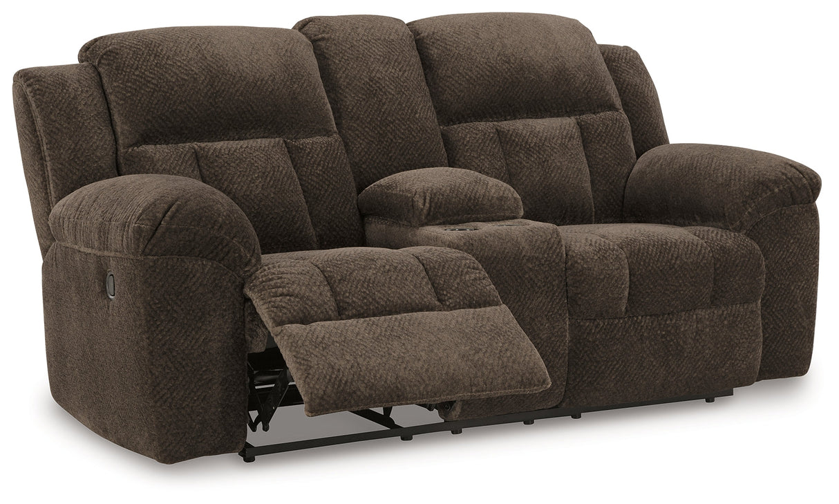 Frohn Chocolate Reclining Loveseat with Console