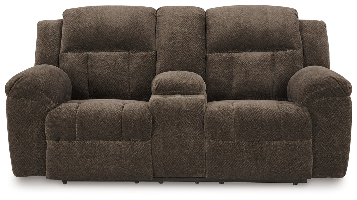 Frohn Chocolate Reclining Loveseat with Console