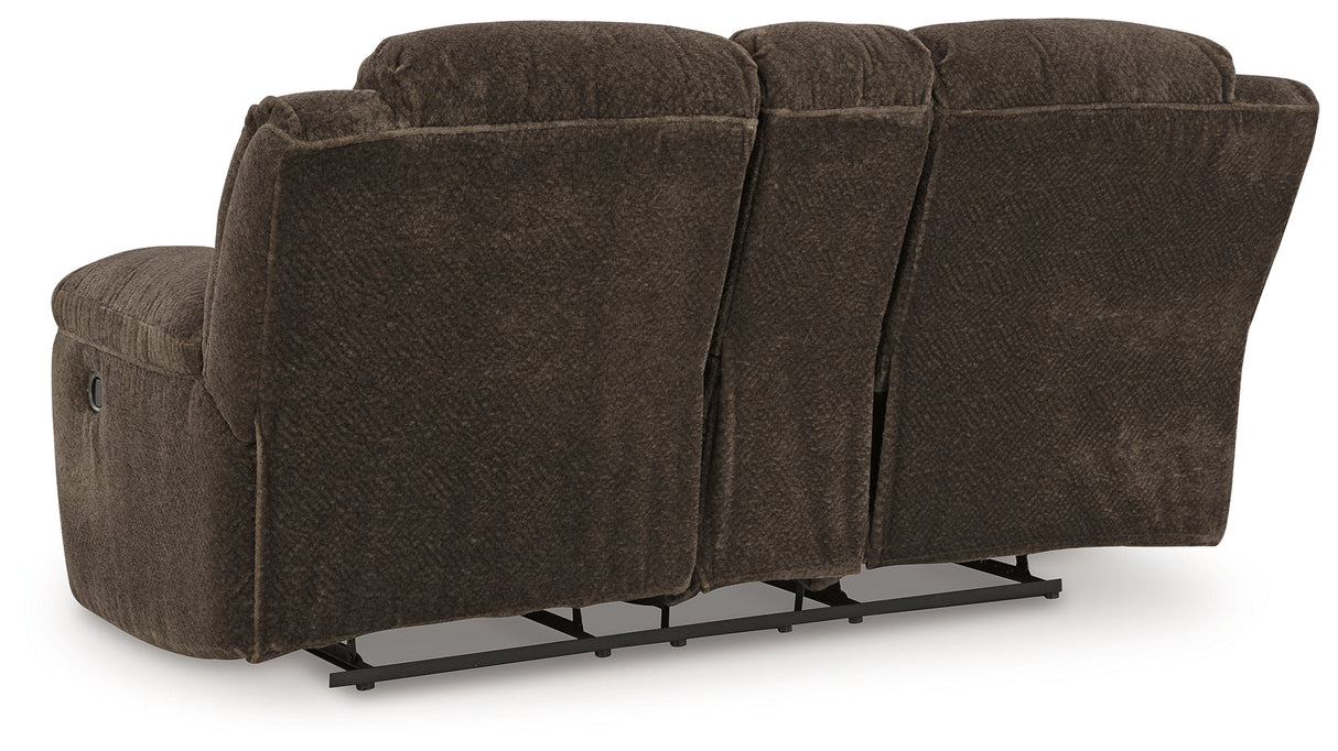 Frohn Chocolate Reclining Loveseat with Console