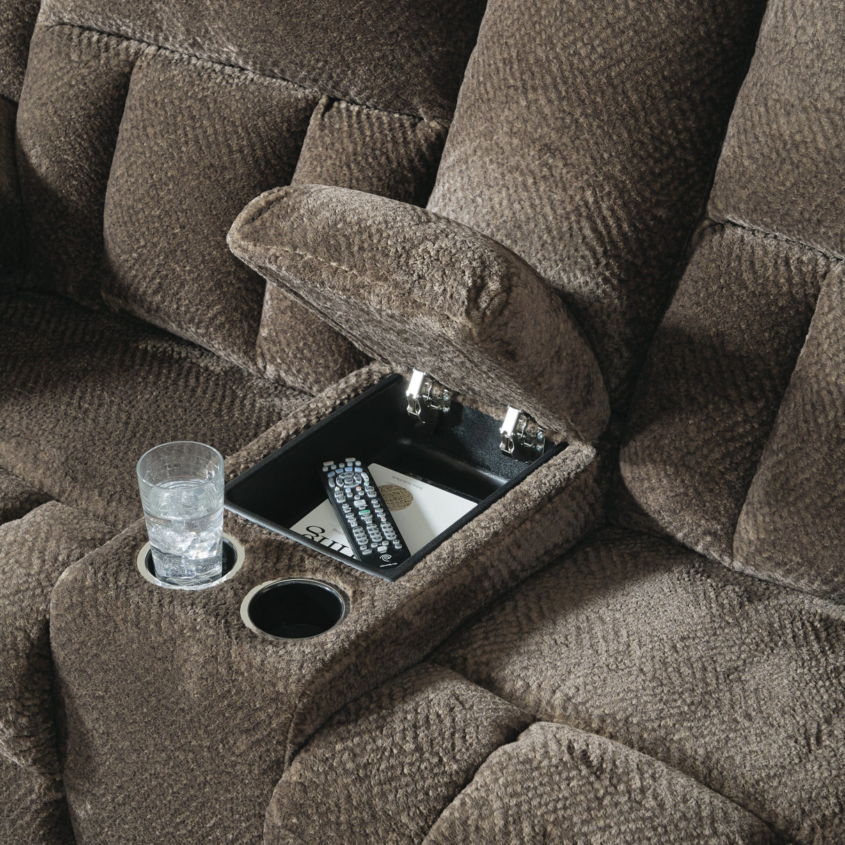 Frohn Chocolate Reclining Loveseat with Console