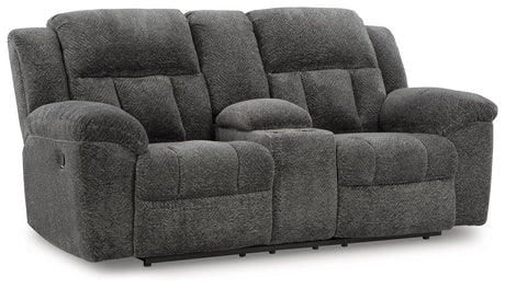Frohn Graphite Manual Reclining Loveseat with Console by Ashley at Eve Furniture