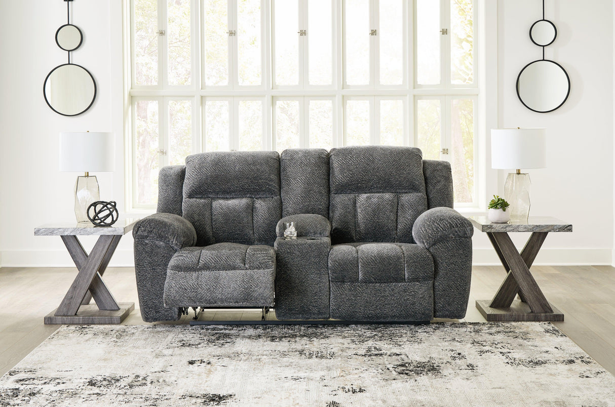 Frohn Graphite Manual Reclining Loveseat with Console by Ashley at Eve Furniture