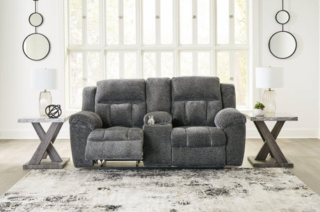 Frohn Graphite Manual Reclining Loveseat with Console by Ashley at Eve Furniture