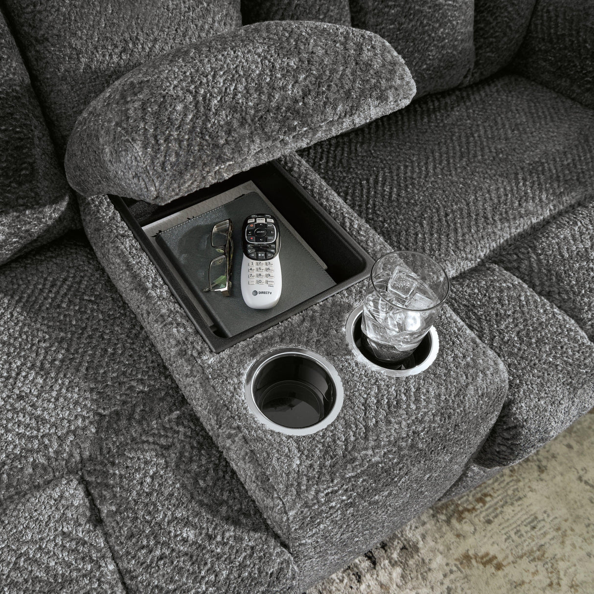 Frohn Graphite Manual Reclining Loveseat with Console by Ashley at Eve Furniture
