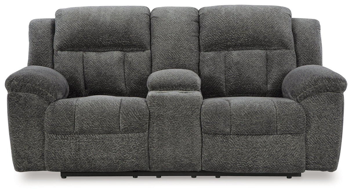 Frohn Graphite Manual Reclining Loveseat with Console by Ashley at Eve Furniture